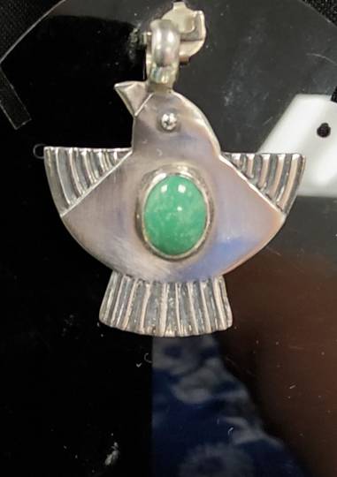 Silver Thunder Bird and Green Turquoise Pendant